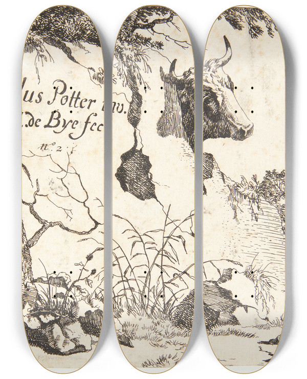 Triptych art skateboard deck of Marcus De Bye Titelblad Til Ker_4 by Marcus de Bye (1638-1688)