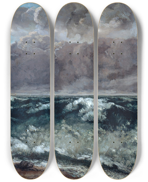 Triptych art skateboard deck of Gustave Courbet The Wave_3 by Gustave Courbet (1819-1877)