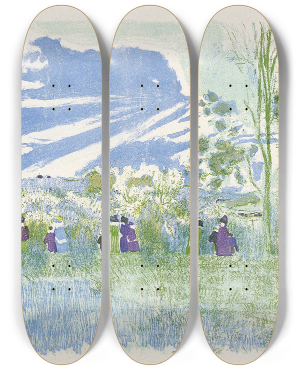 Triptych art skateboard deck of Douard Vuillard Across The Fields Plate Three From Landscapes And Interiors by douard Vuillard (1868-1940)