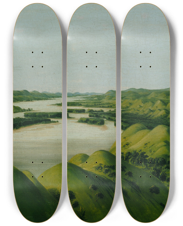 Triptych art skateboard deck of George Catlin River Bluffs 1320 Miles Above St Louis by George Catlin (1796-1872)