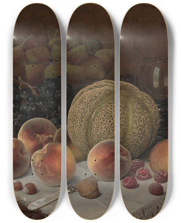 Triptych art skateboard deck of William Mason Brown Still Life With Cantaloupe by William Mason Brown (1828-1898)