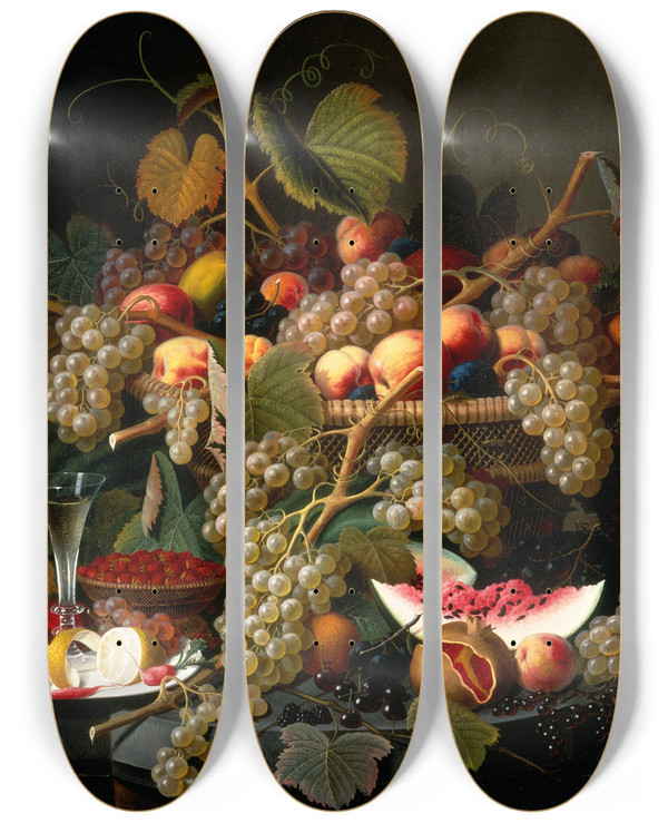 Triptych art skateboard deck of Severin Roesen Still Life With Fruit_1 by Severin Roesen (1816-1872)