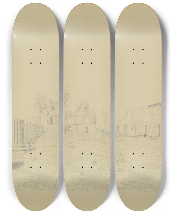 Triptych art skateboard deck of Friedrich Wilhelm Ludwig Die Sogenannte Basilika In Pompeji by Friedrich Wilhelm Ludwig (1828)
