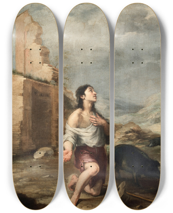 Triptych art skateboard deck of Bartolom Estebn Murillo The Prodigal Son Feeding Swine by Bartolome Esteban Murillo (1617-1682)