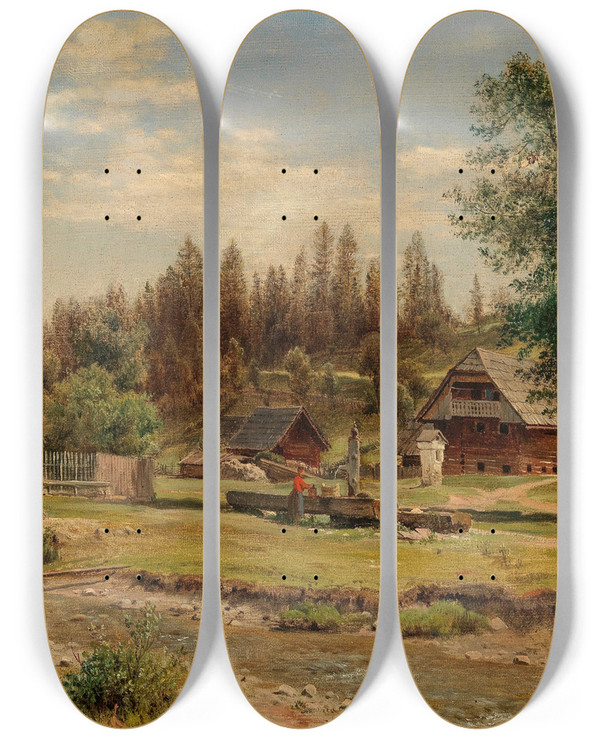 Triptych art skateboard deck of Ludwig Halauska Blick Auf Das Dorf Tutschach Bei Aflenz by Ludwig Halauska (1827-1882)