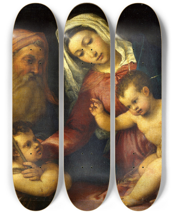 Triptych art skateboard deck of Lorenzo Lotto The Virgin And Child With Saints Zacharias And John The Baptist by Lorenzo Lotto (1480-1556)