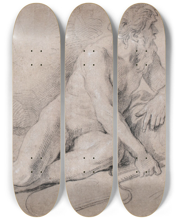 Triptych art skateboard deck of Louis De Boullogne The Younger A Study Of A River Godreclining Holding An Oar In His Right Hand by Louis de Boullogne the Younger (1654-1733)