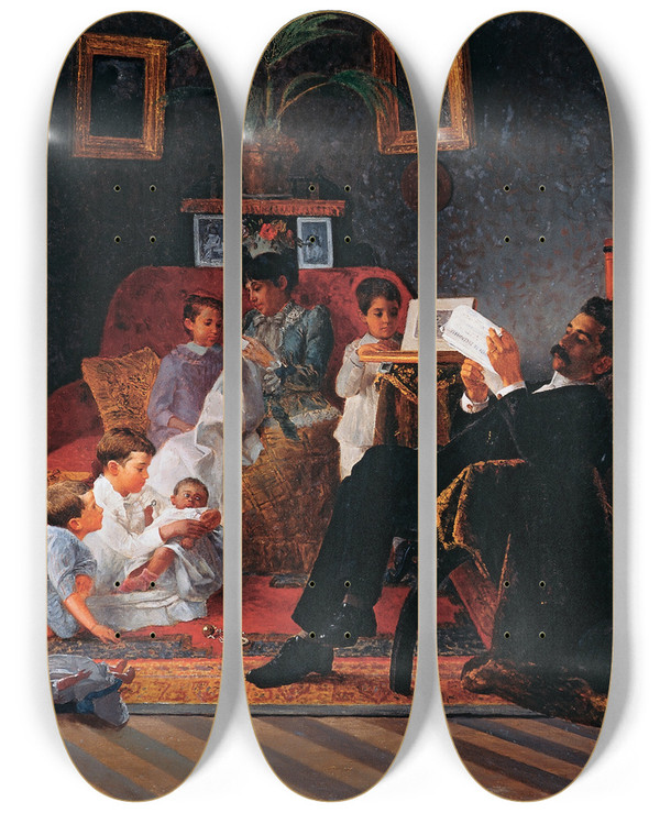 Triptych art skateboard deck of Almeida Jnior Scene Of Adolfo Pintos Family by Almeida Junior (1850-1899)