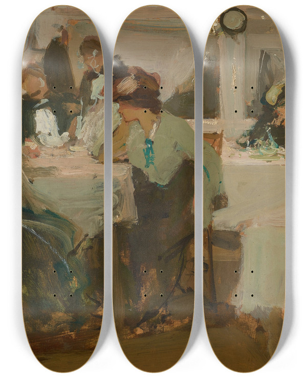 Triptych art skateboard deck of Richard E Miller Caf De Paris by Richard E Miller (1875-1943)