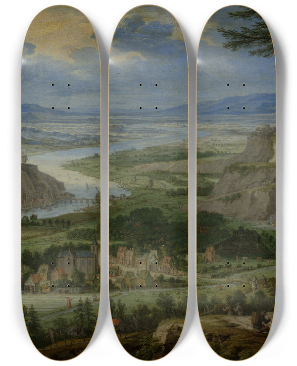 Triptych art skateboard deck of Peeter Gijsels River Landscape With Travelers by Peeter Gijsels (1621-1690)