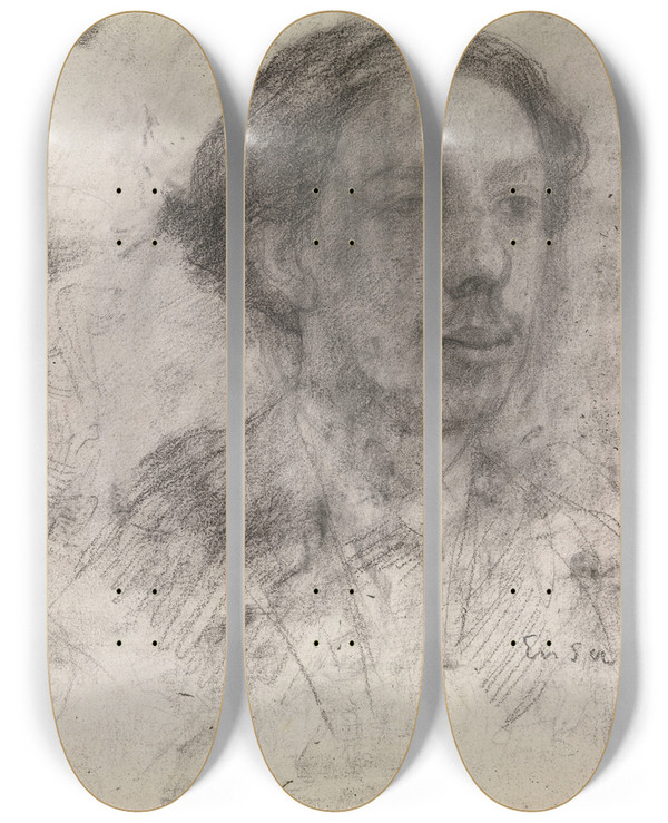 Triptych art skateboard deck of James Ensor Self Portrait_1 by James Ensor (1860-1949)