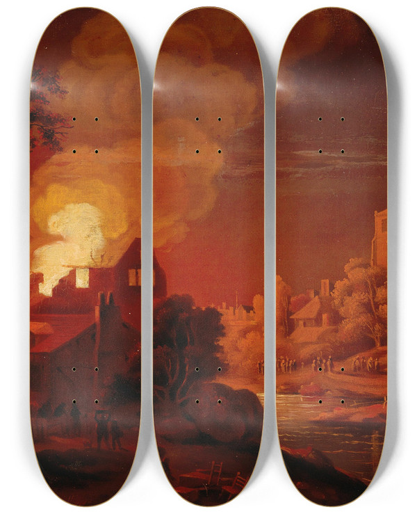 Triptych art skateboard deck of Egbert Van Der Poel A Nocturnal Fire by Egbert van der Poel (1621-1664)