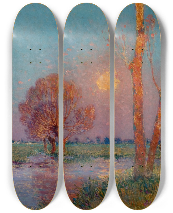 Triptych art skateboard deck of Ferdinand Du Puigaudeau Coucher De Soleil En Brire by Ferdinand Du Puigaudeau (1864-1930)
