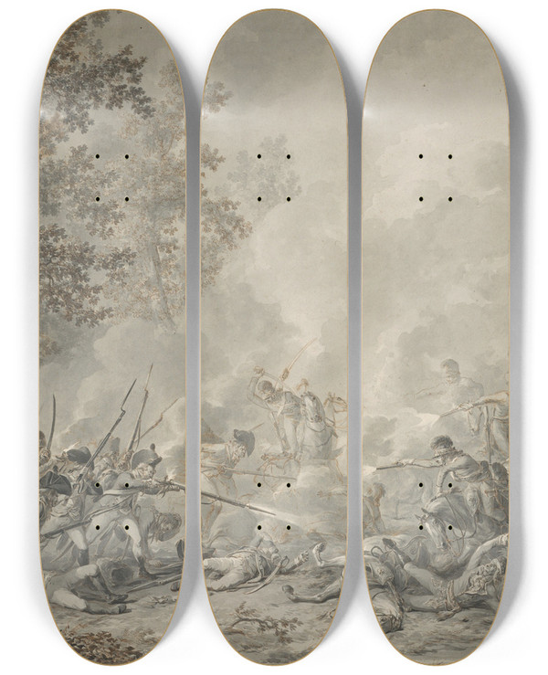 Triptych art skateboard deck of Dirk Langendijk A Battle Between Cavalrymen And Infantry by Dirk Langendijk (1748-1805)