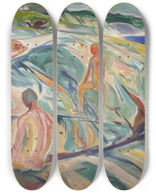 Triptych art skateboard deck of Edvard Munch Bathing Men On Rocks by Edvard Munch (1863-1944)