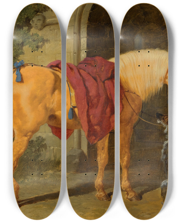 Triptych art skateboard deck of John Frederick Herring Snr The Cavaliers Charger by John Frederick Herring Snr (1795-1865)