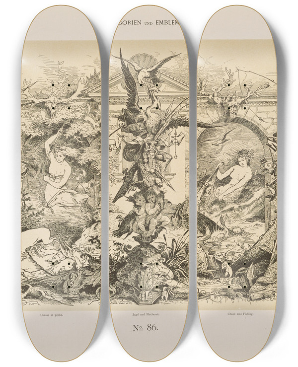 Triptych art skateboard deck of Albert Ilg Allegorien Und Embleme Vol I Pl102 by Albert Ilg (1847-1896)