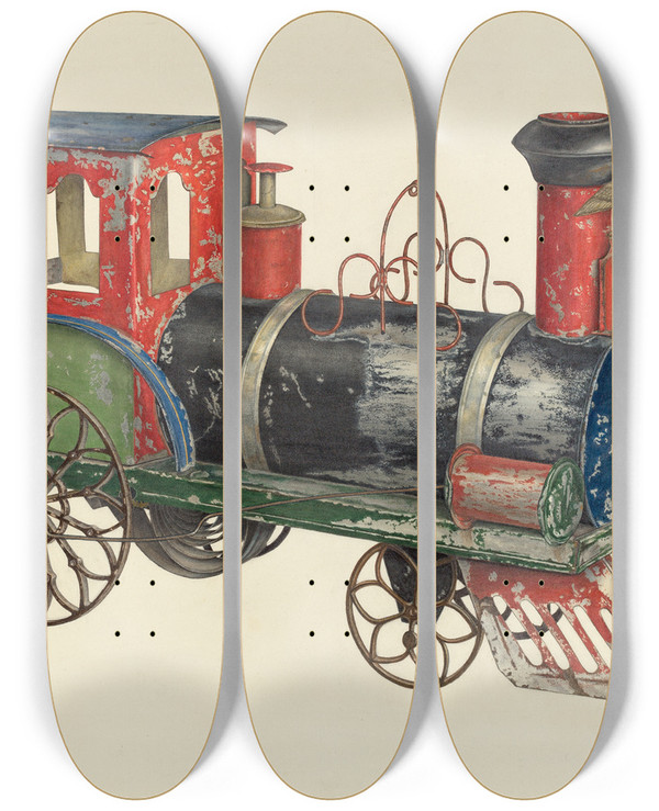 Triptych art skateboard deck of Charles Henning Toy Locomotive by Charles Henning