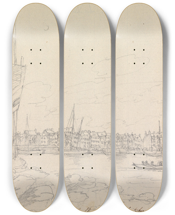 Triptych art skateboard deck of James Moore The Esplanade Weymouth by James Moore (1762-1799)