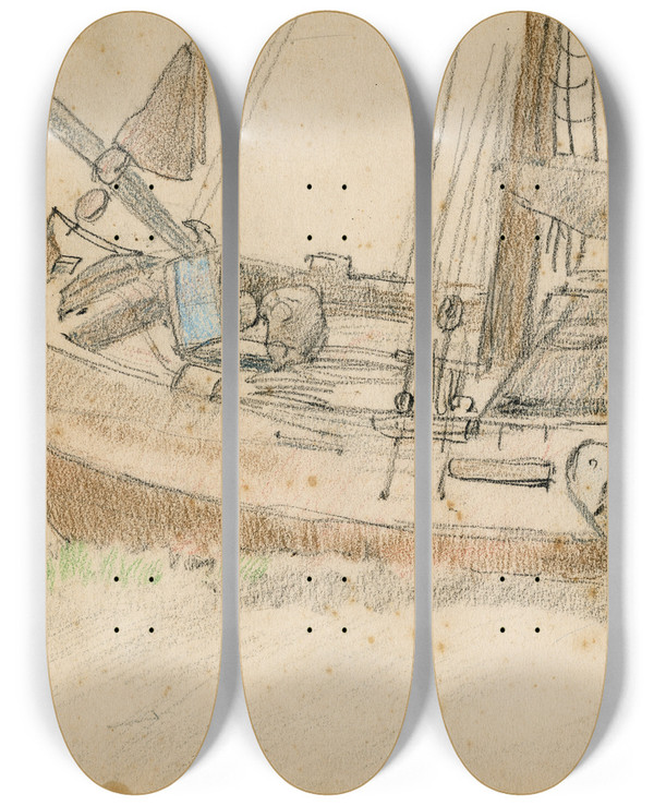 Triptych art skateboard deck of Adolf Le Comte Achtersteven Van Een Zeilboot_2 by Adolf Le Comte (1850-1921)
