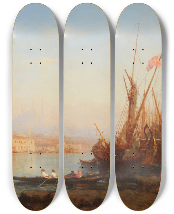 Triptych art skateboard deck of Flix Ziem Le Bosphore by Felix Ziem (1821-1911)