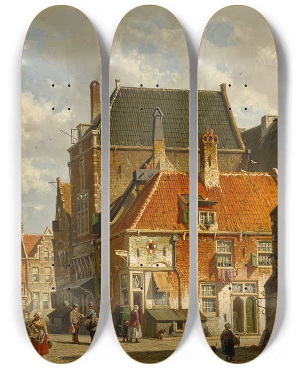 Triptych art skateboard deck of Adrianus Eversen Figures On A Sunlit Street_1 by Adrianus Eversen (1818-1897)