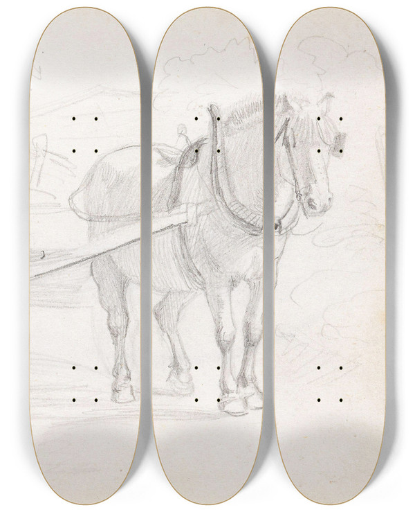 Triptych art skateboard deck of Adolph Tidemand Hest Og Vogn by Adolph Tidemand (1814-1876)