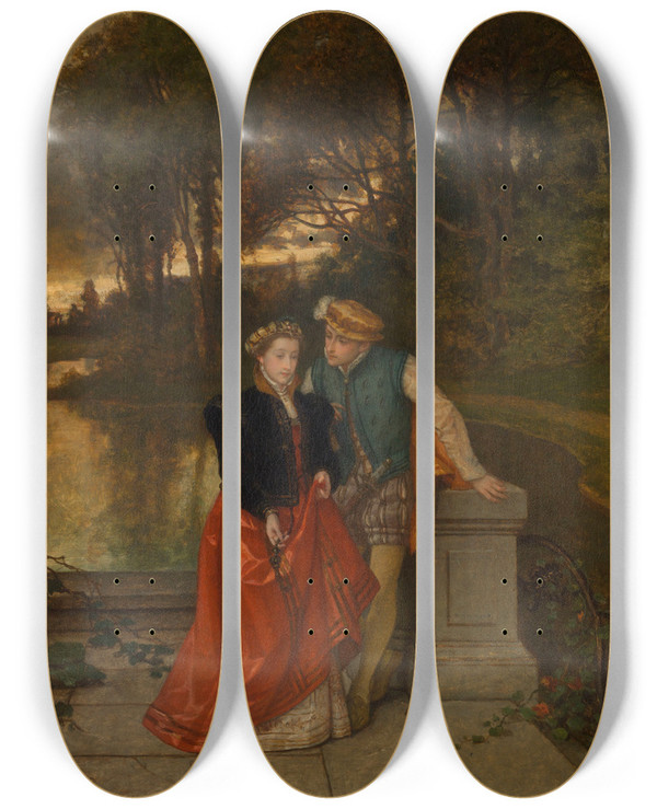 Triptych art skateboard deck of Joseph Lies Lovers In The Park by Joseph Lies (1821-1865)