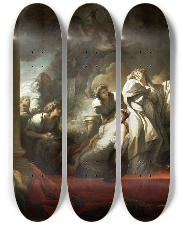 Triptych art skateboard deck of Jeanhonor Fragonard Coresus Sacrificing Himself To Save Callirhoe by Jean-Honor Fragonard (1732-1806)