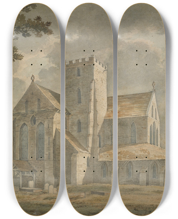 Triptych art skateboard deck of Thomas Hearne Country Church by Thomas Hearne (1744-1817)