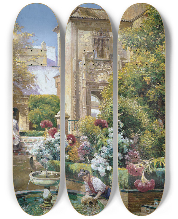 Triptych art skateboard deck of Manuel Garca Y Rodrguez The Alcazar Gardens Seville by Manuel Garcia Y Rodriguez (1863-1925)