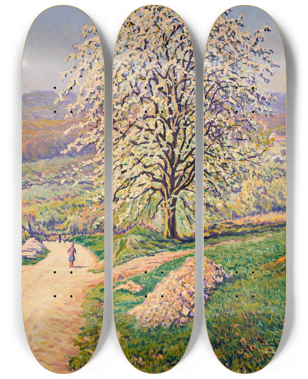 Triptych art skateboard deck of Gustave Cariot Les Pommiers En Fleur by Gustave Cariot (1872-1950)
