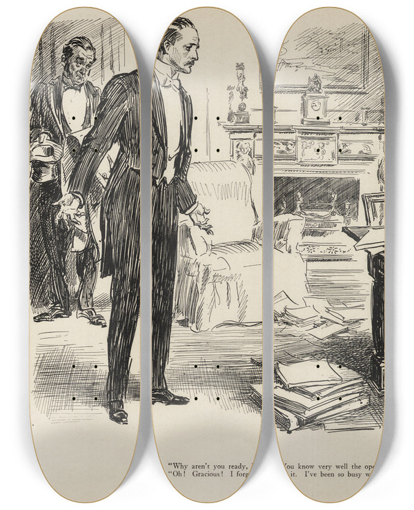 Triptych art skateboard deck of Charles Dana Gibson Why Arent You Ready Isabel by Charles Dana Gibson (1867-1944)