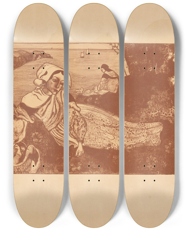 Triptych art skateboard deck of Armand Seguin La Primavera Femme Couche Breton Woman Reclining By The Sea by Armand Seguin (1869-1903)