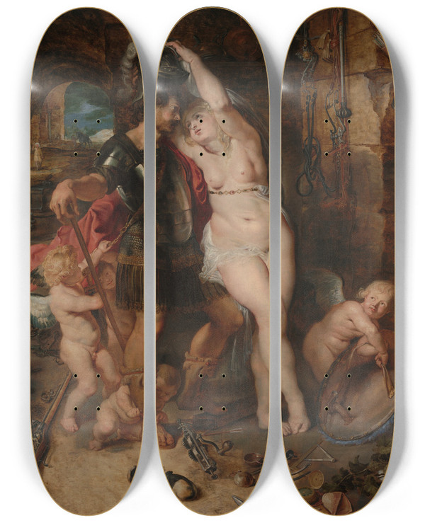 Triptych art skateboard deck of Peter Paul Rubens The Return From Warmars Disarmed By Venus by Peter Paul Rubens (1577-1640)
