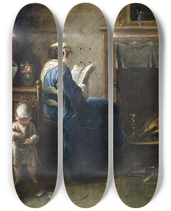 Triptych art skateboard deck of Pierre Parrocel Woman Reading In Front Of A Fireplace by Pierre Parrocel (1664-1739)