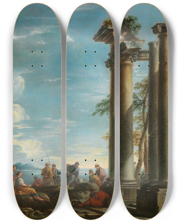 Triptych art skateboard deck of Giovanni Ghisolfi A Coastal Landscape With Figures By A Classical Ruin by Giovanni Ghisolfi (1623-1683)