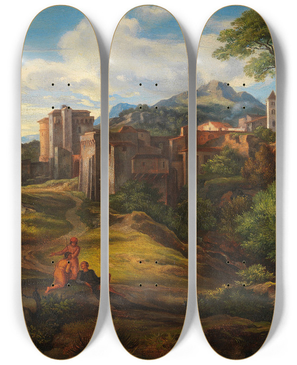 Triptych art skateboard deck of Johann Heinrich Ferdinand Olivier Campagnalandschaft Mit Befestigter Stadt by Johann Heinrich Ferdinand Olivier (1785-1841)