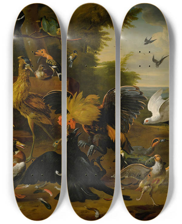 Triptych art skateboard deck of Workshop Ofmelchior De Hondecoeter Aesops Fable Of The Raven by Workshop ofMelchior de Hondecoeter (1636-1695)