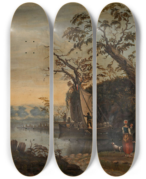 Triptych art skateboard deck of Knud Baade Landscape by Knud Baade (1808-1879)