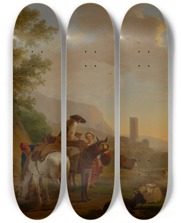 Triptych art skateboard deck of Balthasar Paul Ommeganck Southern Landscape With Shepherds by Balthasar Paul Ommeganck (1755-1826)