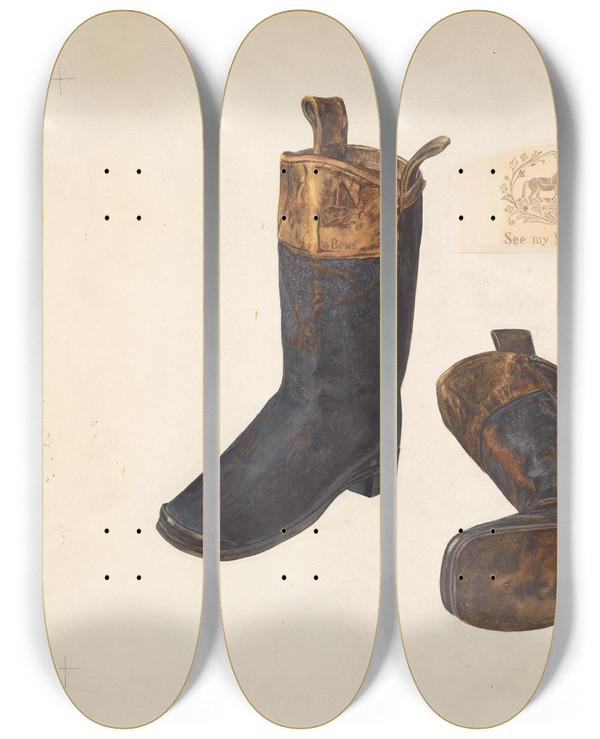 Triptych art skateboard deck of Harry Grossen Boys Boots by Harry Grossen