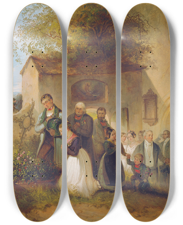 Triptych art skateboard deck of Friedrich Johann Treml Am Friedhof Die Braut Am Grabe by Friedrich Johann Treml (1816-1852)