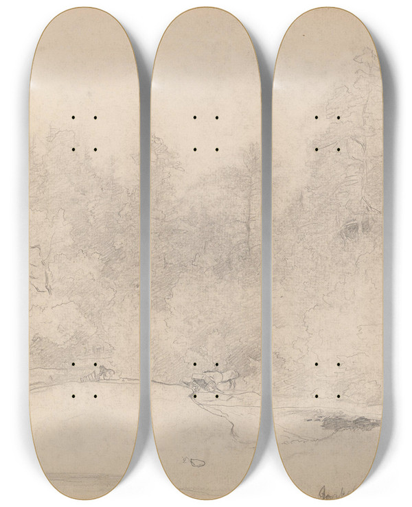Triptych art skateboard deck of Hans Gude Skogsinterir Jarlsberg by Hans Gude (1825-1903)