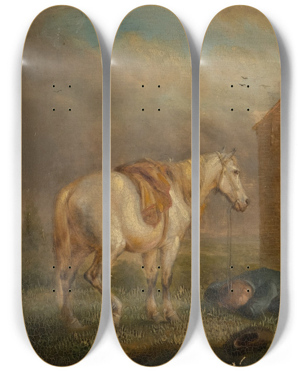 Triptych art skateboard deck of Eugne Joseph Verboeckhoven Sleeping Horseman And Steed by Eugene Joseph Verboeckhoven (1798-1881)