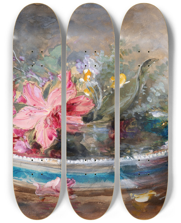 Triptych art skateboard deck of James Holland Flowers In A Bowl by James Holland (1800-1870)