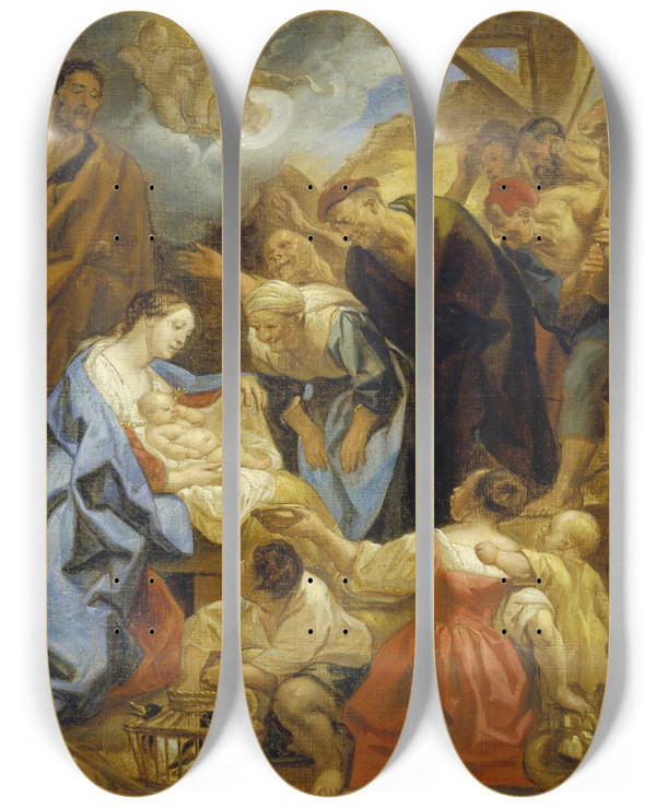 Triptych art skateboard deck of Jacob Jordaens The Adoration Of The Shepherds_1 by Jacob Jordaens (1593-1678)