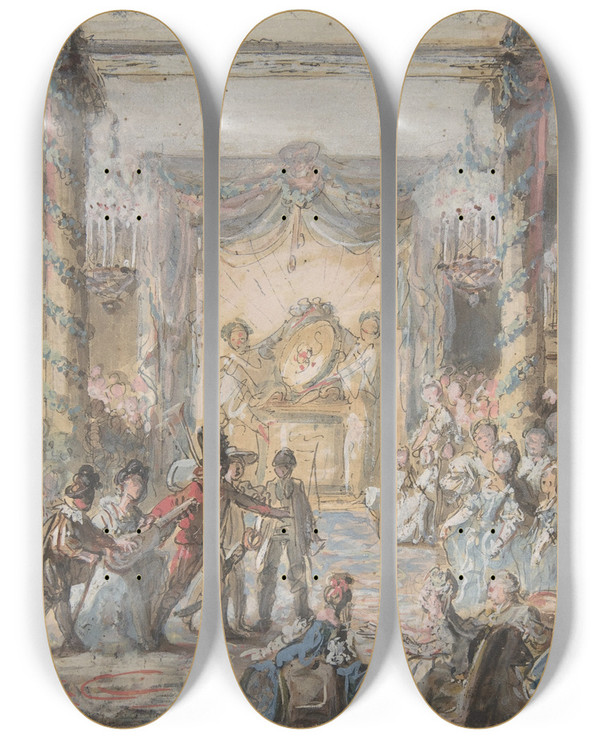 Triptych art skateboard deck of Gabriel De Saintaubin Theatrical Divertissement Offered At A Gala Evening Party by Gabriel de Saint-Aubin (1724-1780)