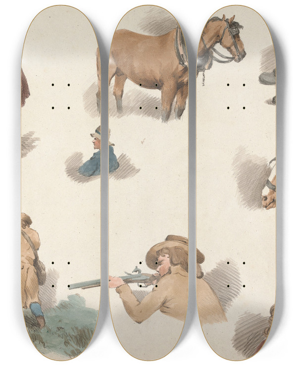 Triptych art skateboard deck of George Morland Eight Studies Woman With Basket Blinkered Cart Horse Etc by George Morland (1763-1804)