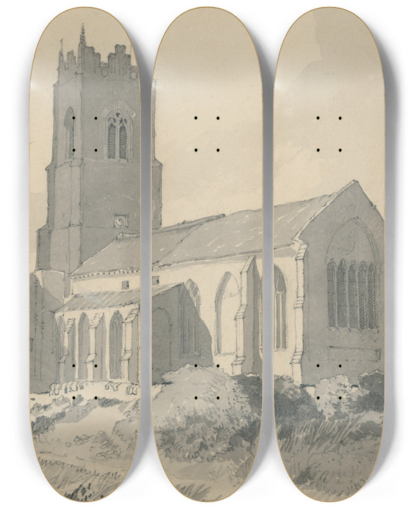 Triptych art skateboard deck of John Sell Cotman Ingham Church Norfolk by John Sell Cotman (1782-1842)